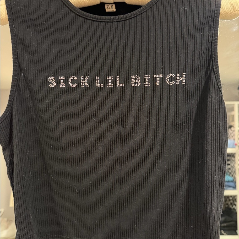 Black Ribbed Tank Top with Graphic Text